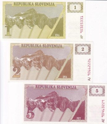!!! SLOVENIA - SET 1 + 2 + 5 TOLARI 1990 - P 1 ; 2 ; 3 -UNC foto