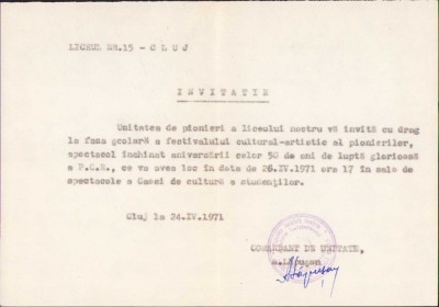 HST A78 Invitație pionieri Cluj 1971 foto