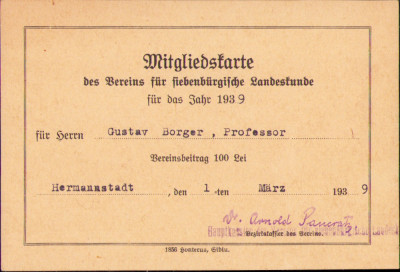 HST A1882 Carte membru Vereins f&amp;uuml;r siebenb&amp;uuml;rgische Landeskunde Sibiu 1939 foto