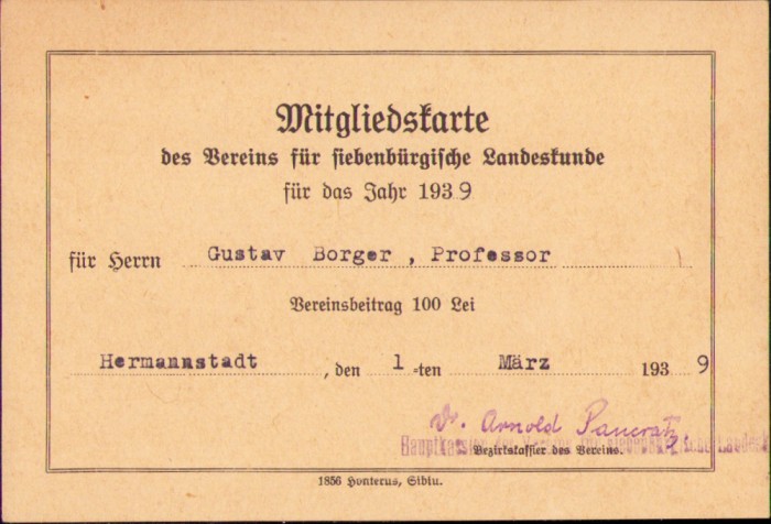 HST A1882 Carte membru Vereins f&uuml;r siebenb&uuml;rgische Landeskunde Sibiu 1939