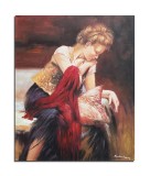 Tablou pictat manual living, dormito, Tanara cu esarfa rosie, 90x70cm ulei pe panza de in, Mircea Iordache