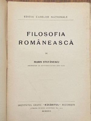 Marin Stefanescu - Filosofia romaneasca 1922 carte veche foto