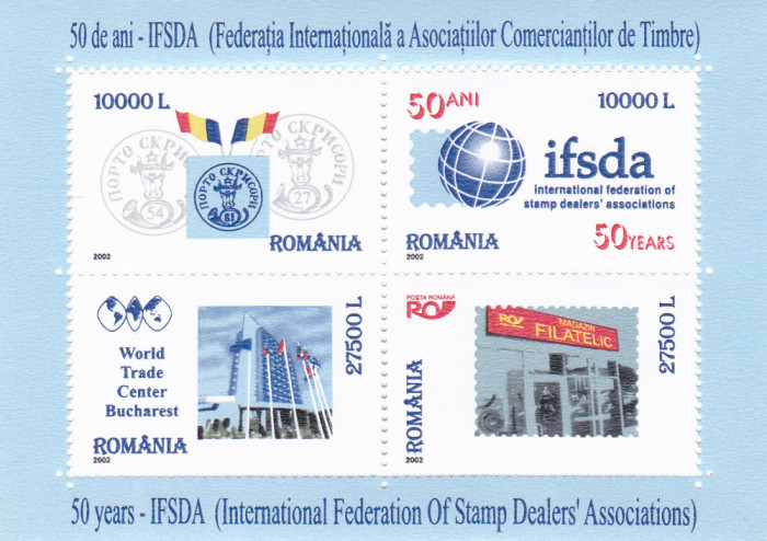 ROMANIA 2002 LP 1586 IFSDA - 50 ANI ASOCIATIA INTERNATIONALA BLOC MNH.