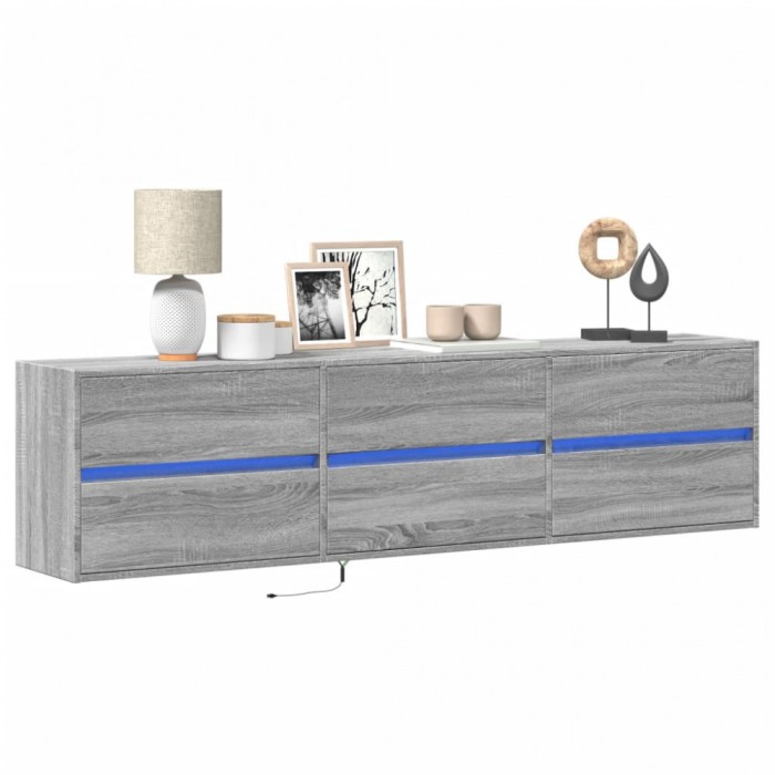 vidaXL Comodă TV de perete cu lumini LED, gri sonoma, 180x31x45 cm