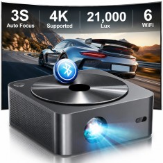 Videoproiector 1080P Full HD, WiFi 6, Bluetooth 5.1, 21000 Lumeni, Autofocus AI, Corectie 6D, Suport 4K, Zoom, Gri