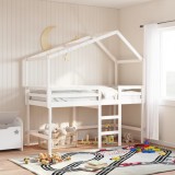 Gossi pat etajat cu scara si acoperis, alb, 90x190 cm, lemn masiv pin