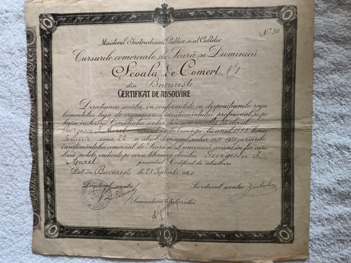 Diploma de Absolvire cursuri de seara si duminica ,Scoala Elementara de Comert