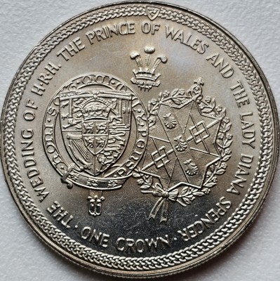 1 Crown 1981 Isle of Man / Insula Man, Wedding of Prince Charles and Lady Diana, km#81 foto