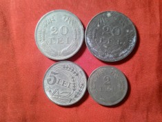 4 Monede Romania zinc : 2 lei 1941 , 5 si 20 lei 1942 si 20 lei 1944 ,cal. Buna- F.Buna