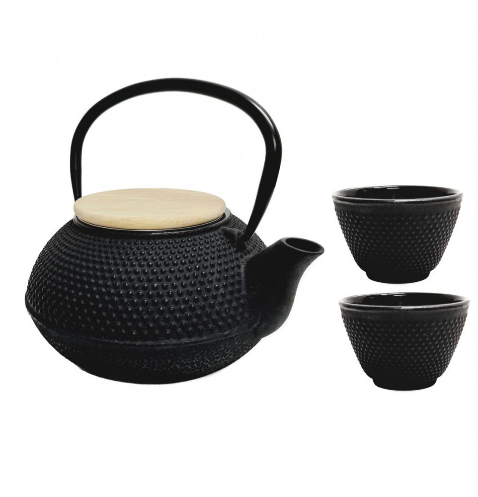 Ceainic din fonta cu capac din Bambus si 2 cesti, 800 ml | Okazii.ro