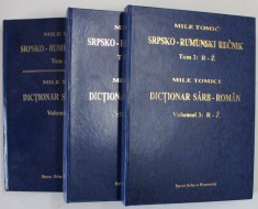DICTIONAR SARB - ROMAN de MILE TOMIC , VOLUMELE I - III , 1998 -1999 , PREZINTA PETE PE EXTREMITATEA BLOCULUI DE FILE