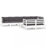 Set mobilier gradina cu perne, 9 piese, alb, lemn masiv pin