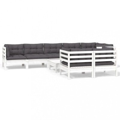 Set mobilier gradina cu perne, 9 piese, alb, lemn masiv pin foto