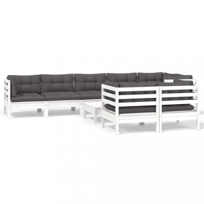 Set mobilier gradina cu perne, 9 piese, alb, lemn masiv pin