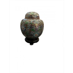 Vas cu capac Cloisonne vintage, pe suport din lemn de mahon