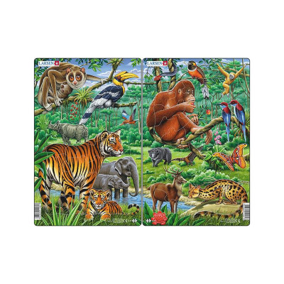 Set 2 Puzzle midi Jungla asiatica cu Maimute, Tigri, orientare tip portret, 30 piese, Larsen EduKinder World foto