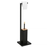 Stand cu perie WC si suport hartie igienica, metal si bambus, 79cm, negru Household NewTrend