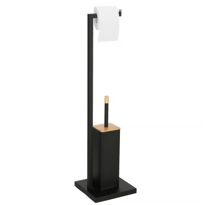 Stand cu perie WC si suport hartie igienica, metal si bambus, 79cm, negru foto