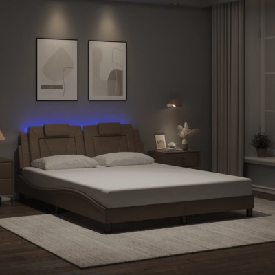 vidaXL Cadru pat cu lumini LED, cappuccino, 160x200 cm piele ecologică foto