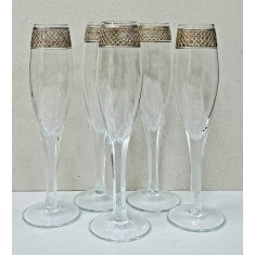 5 Pahare Flute din Cristal pentru Sampanie, Decorate cu Aur Coloidal, Secol XX