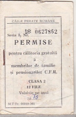 bnk div CFR - Permise pentru calatorie gratuita - cls 2 - 1979 foto