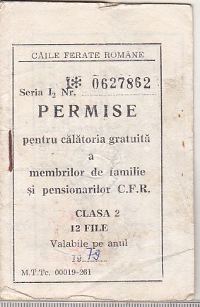 bnk div CFR - Permise pentru calatorie gratuita - cls 2 - 1979