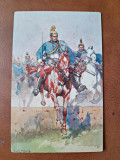 Carte postala, desen ofiter in Dragon Regiment, inceput de secol XX