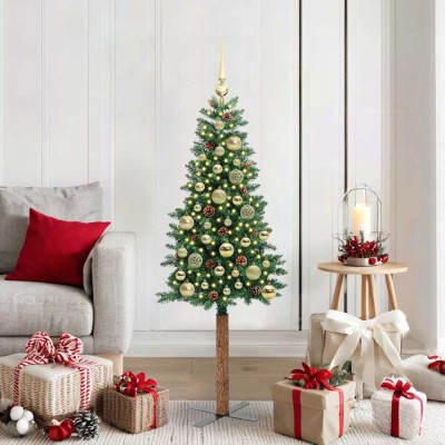 vidaXL Brad de Crăciun subțire Verde 150 cm PVC și lemn de PIN masiv 3394855 foto