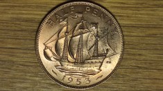 Anglia Marea Britanie - moneda an unic - 1/2 half penny 1953 AU - calitate rara!