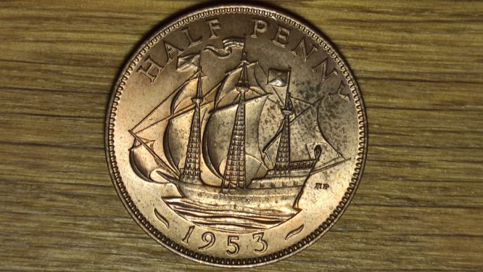 Anglia Marea Britanie - moneda an unic - 1/2 half penny 1953 AU - calitate rara!