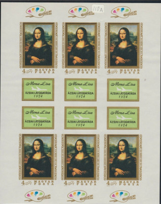UNGARIA 1974 Mona Lisa Bloc nedantelat nestampilat de 6 timbre MNH foto