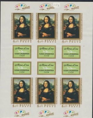 UNGARIA 1974 Mona Lisa Bloc nedantelat nestampilat de 6 timbre MNH foto