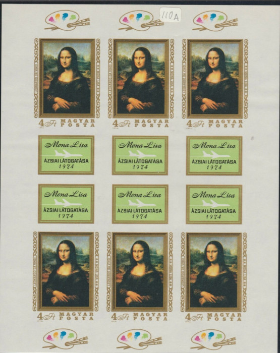 UNGARIA 1974 Mona Lisa Bloc nedantelat nestampilat de 6 timbre MNH