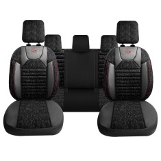 Set Huse Scaune Auto Panda Kas, material textil cu piele ecologica, cu fermoare pentru bancheta rabatabila, negru cu dungi rosii, 11 piese