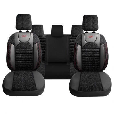 Set Huse Scaune Auto Panda Kas, material textil cu piele ecologica, cu fermoare pentru bancheta rabatabila, negru cu dungi rosii, 11 piese Automobile foto