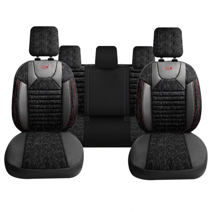 Set Huse Scaune Auto Panda Kas, material textil cu piele ecologica, cu fermoare pentru bancheta rabatabila, negru cu dungi rosii, 11 piese Automobile