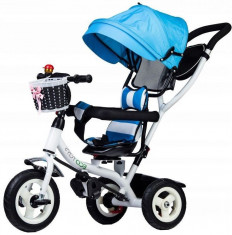 Tricicleta cu scaun rotativ, maner parental, copertina, roti din cauciuc, suport picioare pliabil, culoare albastru foto