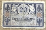 BNKSTR03DE Bancnotă Veche Germania 20 Mark 1915 (Reichsbanknote), Primul Război Mondial, Detaliu Statui, Colecție / Numismatică