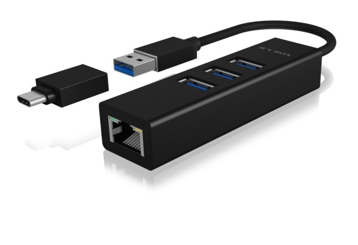 HUB extern Icy Box, porturi USB: USB 3.0 x 3, USB-C x 2, conectare prin USB w. adaptor la USB-C, Gigabit RJ45 x 1, aluminiu, negru, &quot;IB-HUB1419-LAN&quot; (