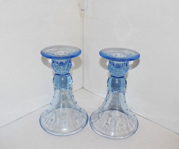 Sfesnice semicristal albastru, suflate &icirc;n mulaj, stil Art Deco, set 2 buc. - design IKEA, fabricate &icirc;n Italia