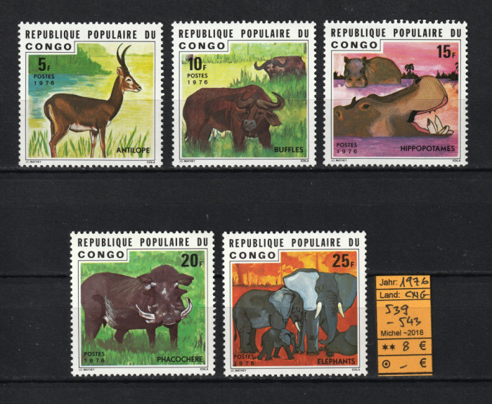 Timbre Africa, Congo, 1976 | Animale sălbatice - Faună regională | MNH | aph