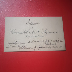 Carte de vizita General T. N. Popovici, Senator de Drept, 1933, cu dedicatie
