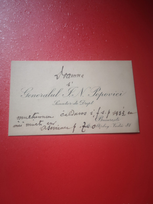 Carte de vizita General T. N. Popovici, Senator de Drept, 1933, cu dedicatie