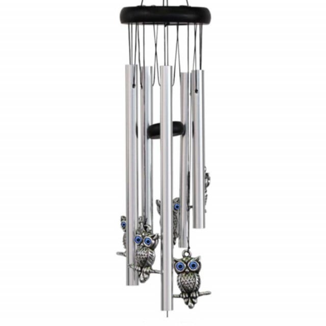 Clopotel de vant cu 5 tuburi sonore metalice pentru casa sau gradina, model Feng-Shui cu 6 bufnite, Pufo