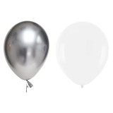 Set 10 baloane din latex metalizate, flippy, model party, alb, argintiu, 23 cm, 2.2 g