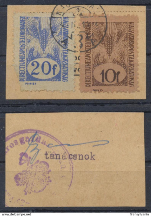 1945 Ardealul de Nord Oradea II 2 timbre stampilate pe fragment de carte postala