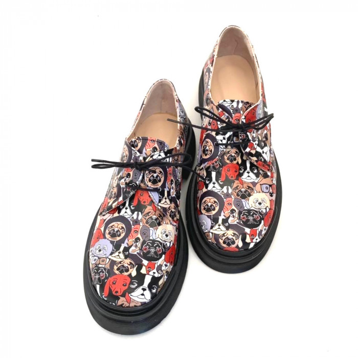 Pantofi din piele naturala cu imprimeu multicolor Dogs Clara
