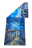 Esarfa tip sal doua fete pictata B, Dacali, matase, albastru inchis, 180x70cm, Multicolor, Marime universala