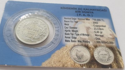 2. Moneda Turcia 750.000 lira 2002 (Sheep - Evcil koyun - Ovis aries) foto
