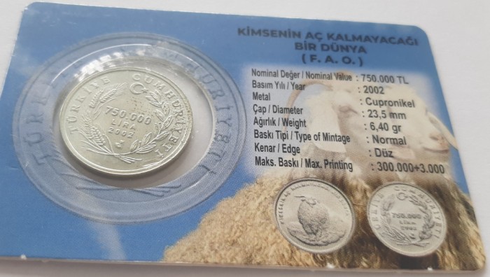 2. Moneda Turcia 750.000 lira 2002 (Sheep - Evcil koyun - Ovis aries)